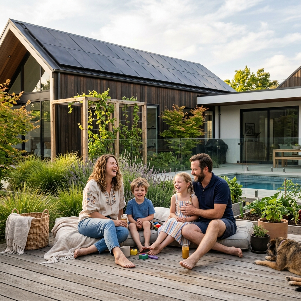A family in the garden of a home whose roof carries a full solar array