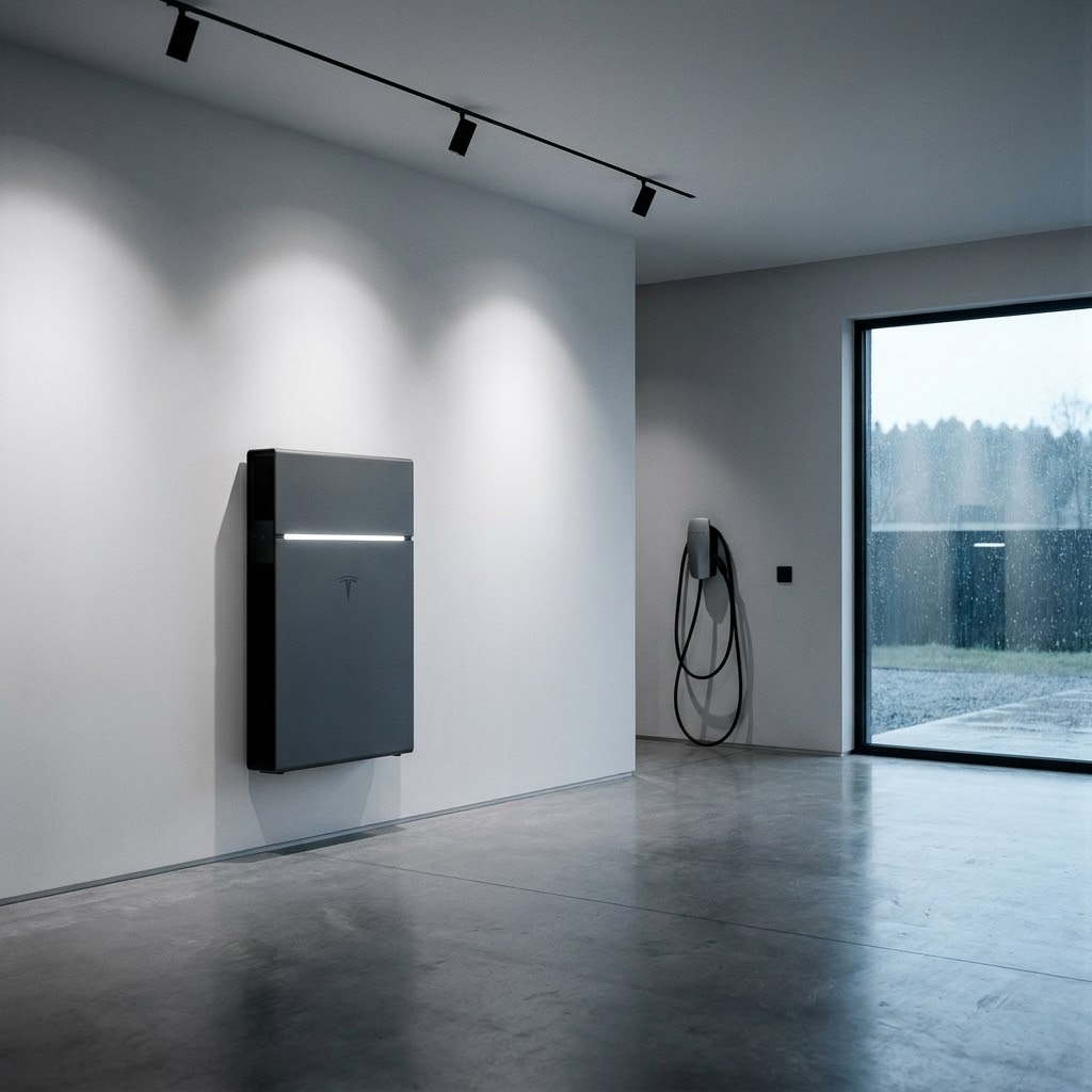 A wall-mounted home battery and vehicle charging point in a minimal garage
