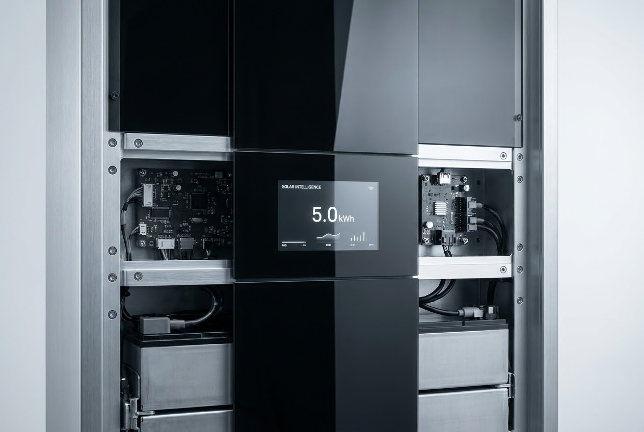 An energy management cabinet displaying live household production telemetry