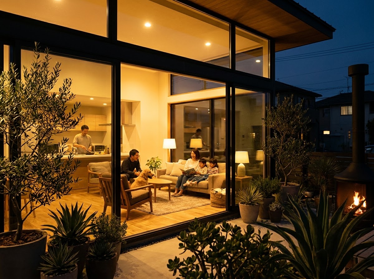 A family at home after dark, the house running on its stored daylight