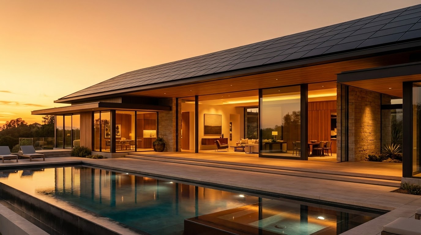 A solar-roofed modern home at dusk, its interior and pool lit by stored daylight